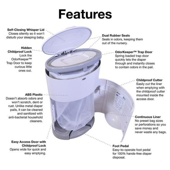 Hands-Free Diaper Pail | White | Doesn’t Absorb Odors | 20 Second Bag Change - Picture 3 of 6